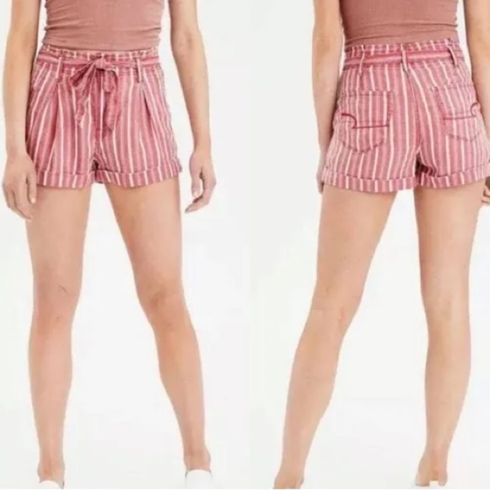 American Eagle Red and White Striped Paperbag Shorts Size 0